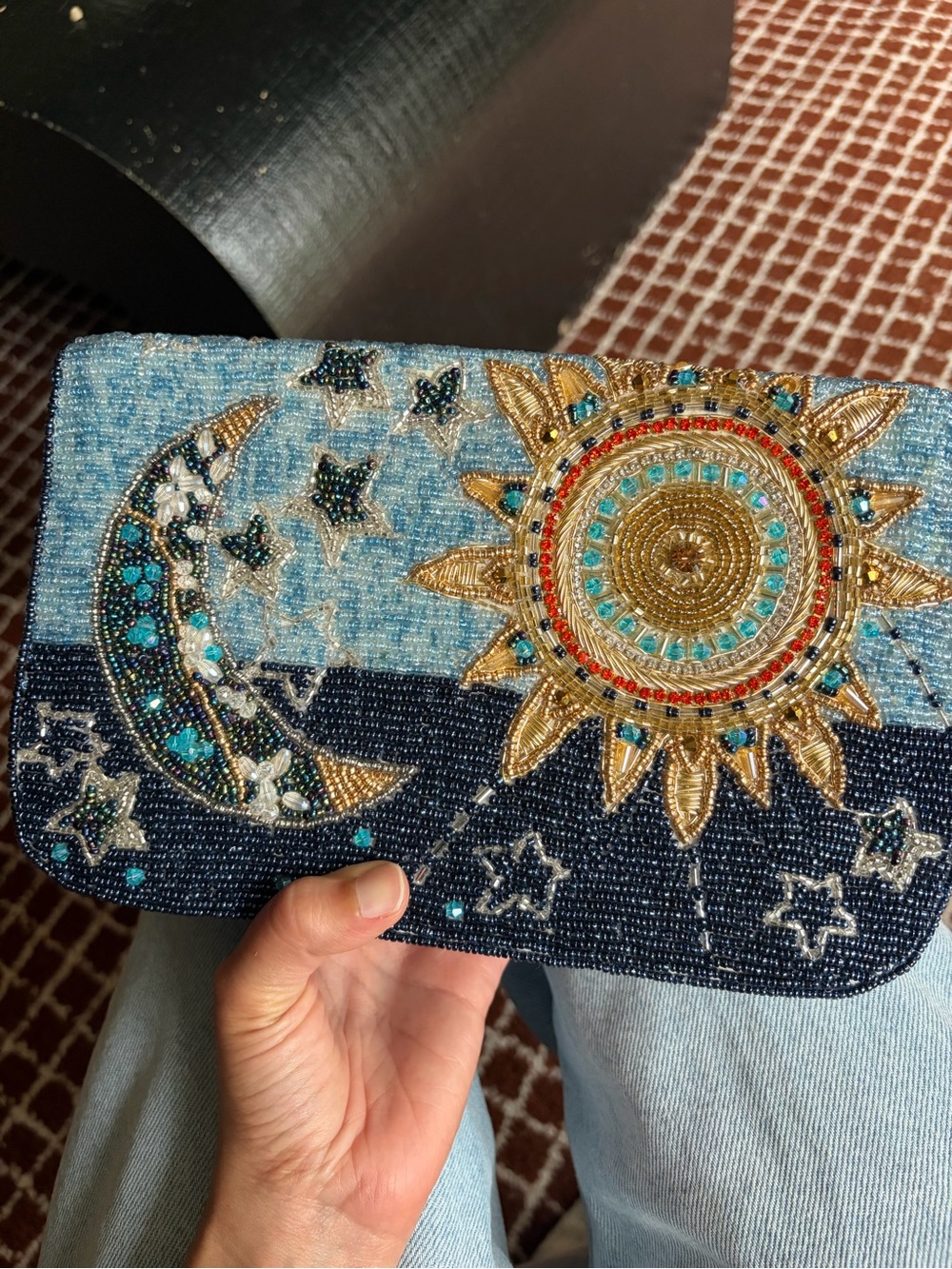 Beaded Sun & Moon Evening Clutch - Blue